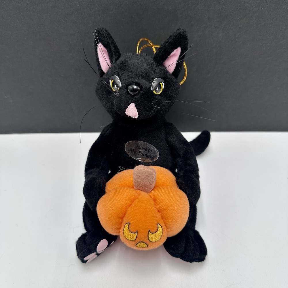 HALLOWEEN Kurt Adler Meowing Black Cat Kitty Stuffed Plush w/ Pumpkin
